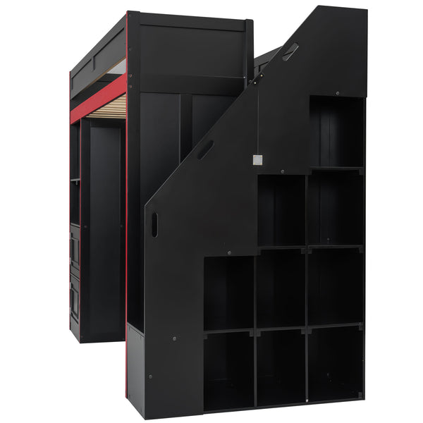 English Elm Gaming Twin Loft Bed with Led Desk Storage Locker and Bold Black Red Finish N709P004102J