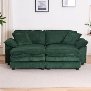 English Elm Corduroy Plush 2-Seat Sofa with 2 Back Cushions, Toss Pillows & Ottomans — Deep Seat Comfort Green W2363S00065
