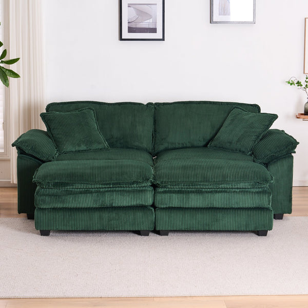 English Elm Corduroy Plush 2-Seat Sofa with 2 Back Cushions, Toss Pillows & Ottomans — Deep Seat Comfort Green W2363S00065