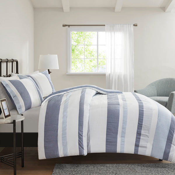 JLA Home Madison Park - 3 Piece Jacquard Duvet Cover Set - Textured Blue Gray Cream Stripes, Reversible Dark Blue, Antimicrobial Finish MP12-7876
