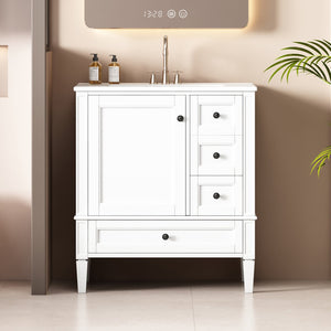 English Elm 30 30 Inch Bathroom Vanity with Ceramic Sink, Modern Compact 3-Drawer Storage Cabinet for Small Baths White N710P247499K