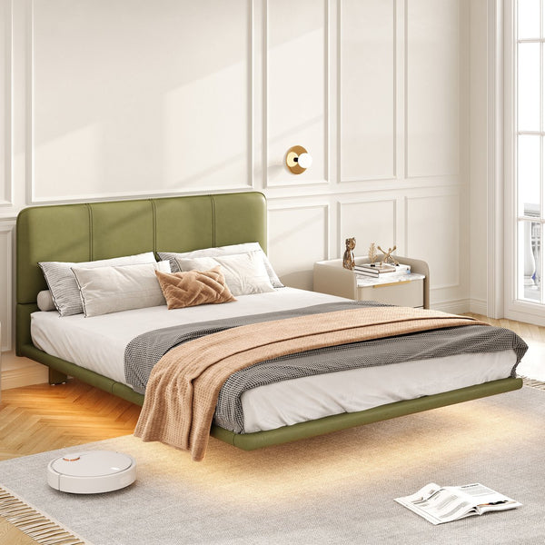English Elm Christopher Knight Home® - Floating Bed Frame Modern PU Leather Platform Full Size with Under-Bed LED Lights, Durable, Easy Assemble Green 56.5 L x 21 W x 7 H N761P206085G
