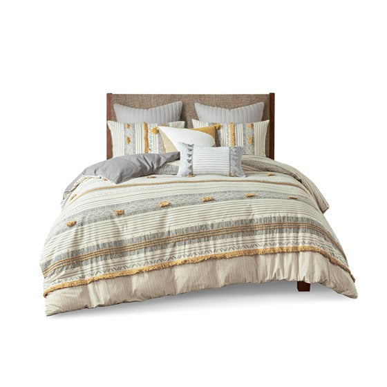 English Elm King/Cal Cody 3-Piece Cotton Duvet Cover Set with Grey-Yellow Stripes, Pompoms, OEKO-TEX Certified Elegance B035129129