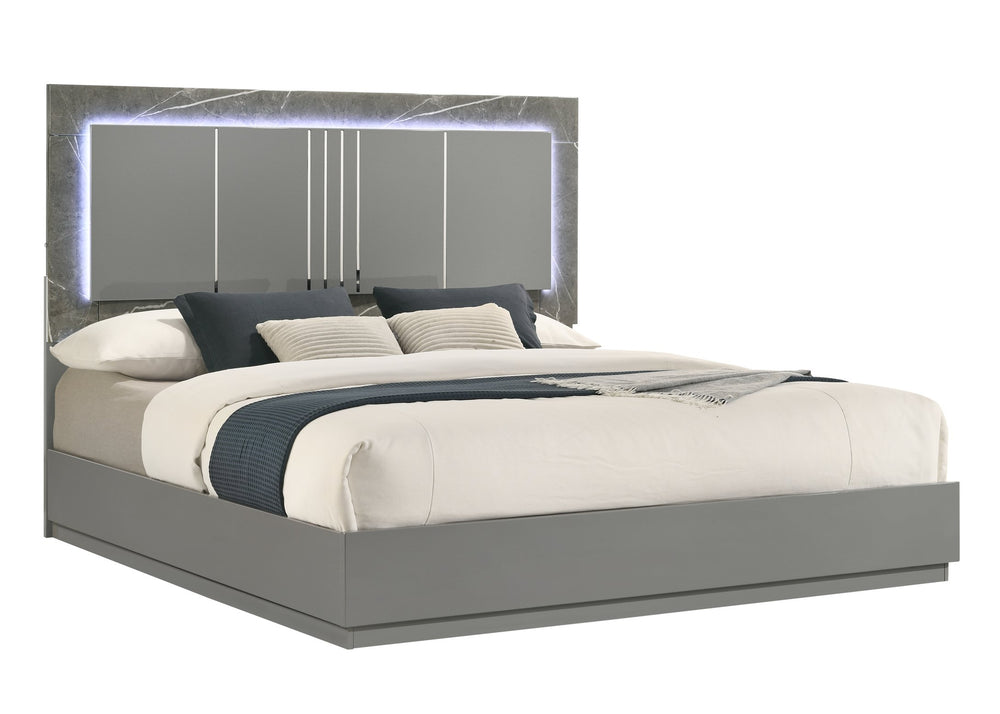 English Elm Elara King Bed with Two-Tone Marble & Lacquer Headboard, Ambient LED Lighting, Metal Legs, Gray B009S01752