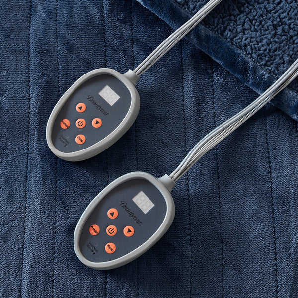 JLA Home Beautyrest - Blanket Beautyrest Heated Plush Reversible with 20 Temp Settings, Auto Shut-Off, OEKO-TEX Safety Indigo BR54-0646