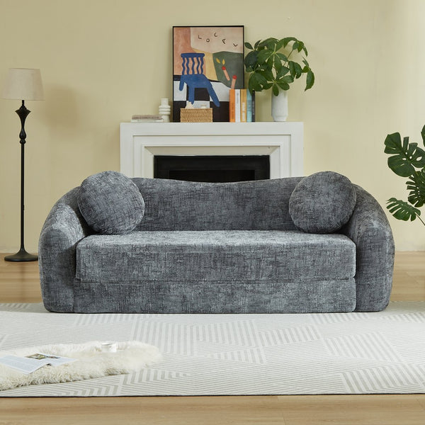 English Elm 86-inch Curved Chenille Convertible Sofa Recliner Frameless Folding Two-seater for Living Room Grey W3505P452818