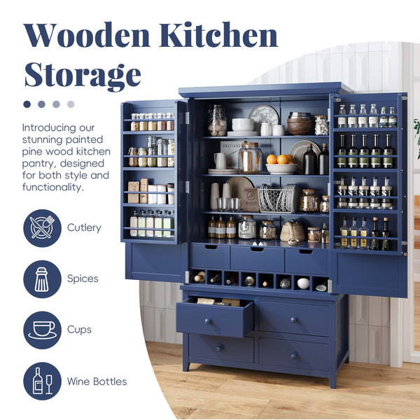 English Elm Topmax Freestanding Pine Wood Kitchen Pantry Cabinet with Wine Rack Blue SP000070AAC