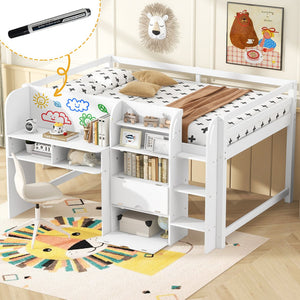 English Elm Full Size Low Loft Bed With Desk, Storage Solutions & Whiteboard For Creative Learning – White Finish N7090005005K