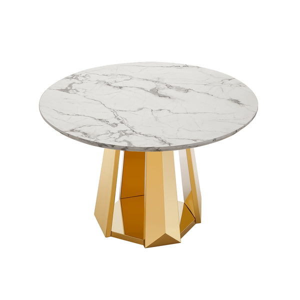 English Elm 47" Round Marble Dining Table - Modern High Gloss Faux Marble Top & Stainless Steel Base For Stylish Spaces W3456S00010