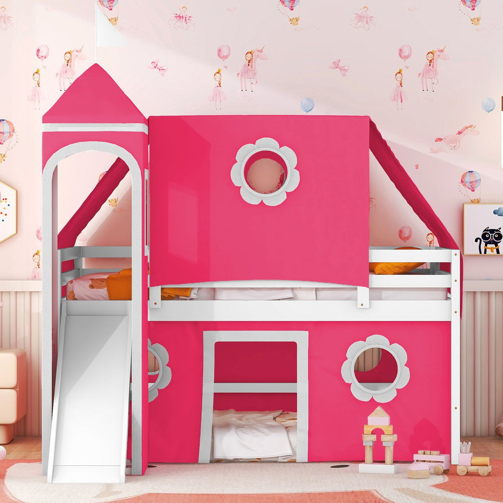 English Elm Full Size Kids Castle Loft Bed with Slide Tent Tower Pinewood Play Zone LT000772AAH-2