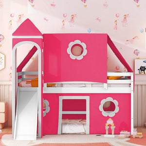 English Elm Full Size Kids Castle Loft Bed with Slide Tent Tower Pinewood Play Zone LT000772AAH-2