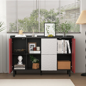 English Elm Sideboard Buffet Cabinet - Modern Black & Red Storage Solution With Drawers & Open Shelves For Style W409P176598-GIGA