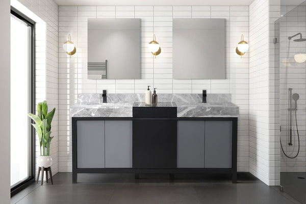 English Elm Black Double Bath Vanity 72" W With Castle Grey Marble Top & Matte Black Faucet – Elegant Storage Solution B2731P261115