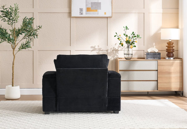English Elm Corduroy Upholstered Chaise Lounge Sofa with Movable Ottoman, Cup Holder, Deep Seat Comfort Black W2120S00011
