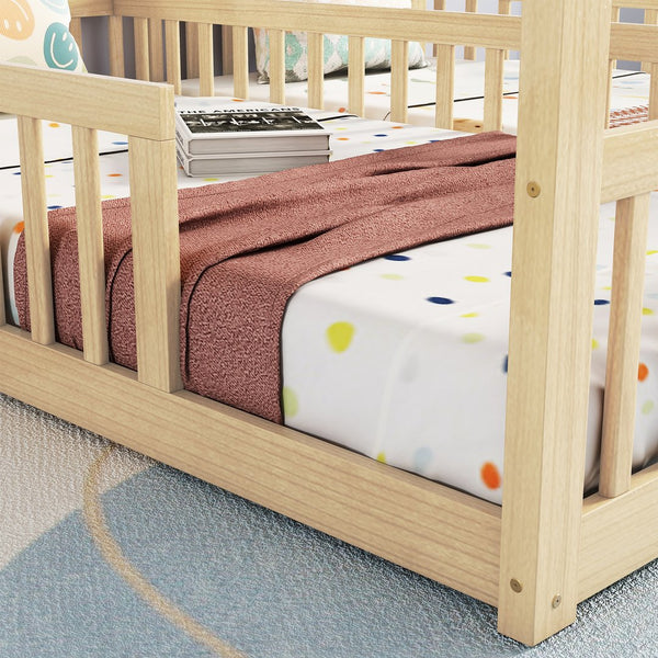 English Elm Double Twin House-Style Floor Bed with Fence Guardrails for Kids, Pine & Plywood Durable Design Natural W504P308461