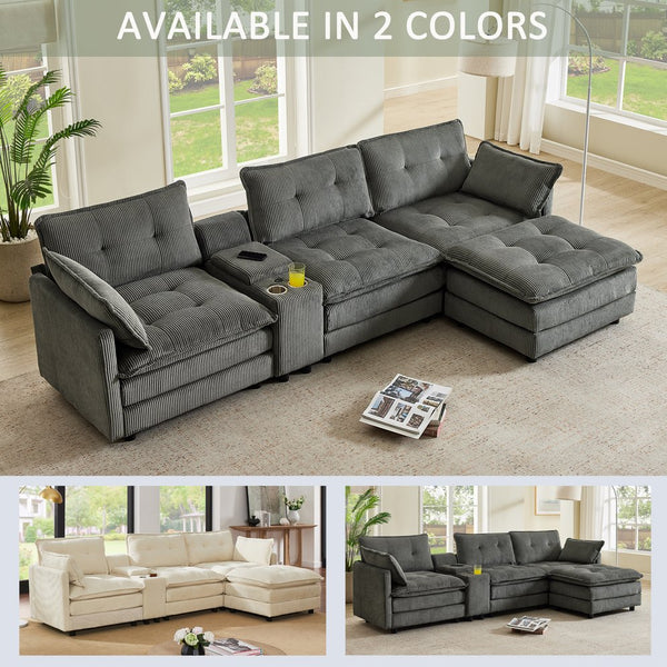 English Elm 119" Tufted Corduroy L-shaped Sectional with Ottoman Console Usb Charging 4 Seat Grey W1998S00102
