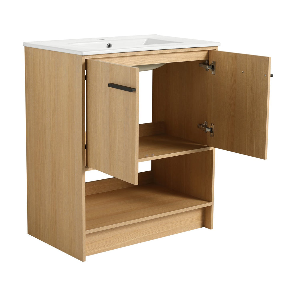English Elm 30" Bathroom Vanity With Integrated Ceramic Sink, Soft-Close Doors & Open Shelf For Easy Storage W1972S00017