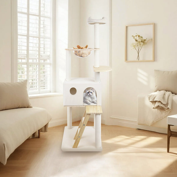 English Elm Wood Multi-level Cat Tower with Transparent Pod Condo Sisal Posts and Plush Perches W243P326634