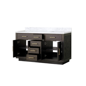 English Elm Brown Oak Double Bath Vanity With Carrara Marble Top - 60" W X 22" D, Fully Assembled Elegance B2731P257730