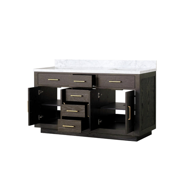 English Elm Brown Oak Double Bath Vanity With Carrara Marble Top - 60" W X 22" D, Fully Assembled Elegance B2731P257730