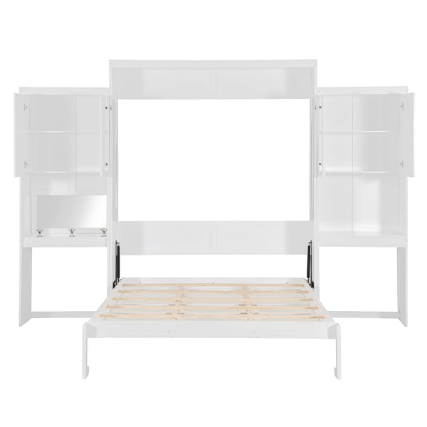 English Elm Queen Wall Bed with Integrated Desk Vanity and Cabinet Storage for Studio Rooms White N820S10057K-1