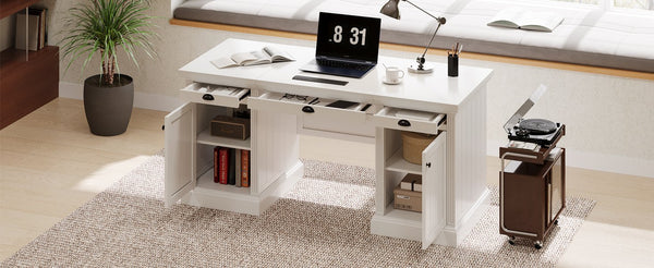 English Elm 67''Modern Executive Desk with 3 Drawers & 2 Cabinets, Spacious White MDF Workstation with Adjustable Shelves and Chic Vertical Edge Design for Home Office N751S211942K