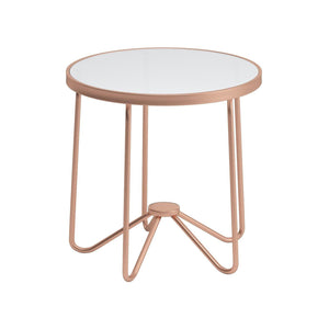 English Elm White White Frosted Glass Top Round Table with Retro Rose Gold Metal Base — Chic Accent End Table for Living Rooms, Durable Statement Piece B016P314016