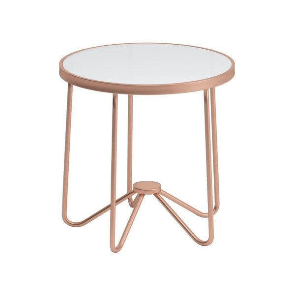 English Elm White White Frosted Glass Top Round Table with Retro Rose Gold Metal Base — Chic Accent End Table for Living Rooms, Durable Statement Piece B016P314016
