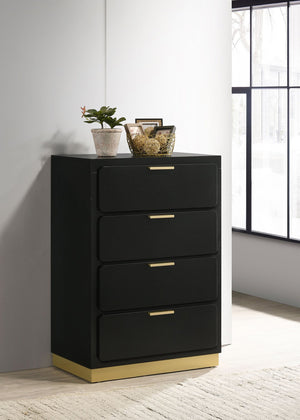 English Elm Modern four-drawer chest with sleek mid-century lines, smooth glides, wood construction, slim handles, versatile bedroom storage solution Black,Gold 34.25 L x 21.26 W x 48.42 H B011P362593