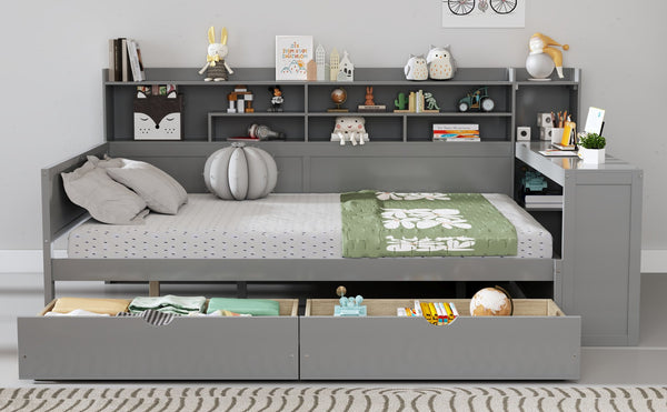 English Elm Wooden Full Size Daybed with Built-In Desk, Side Shelves and Dual Drawers for Organized Living Gray 70 L x 18.6 W x 5.5 H N733S241486E