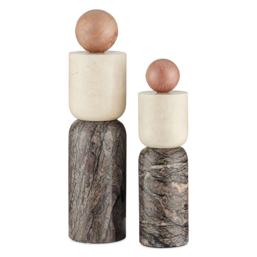 Moreno Marble Objects Set of 2 - Unique Rosa Cappuccino & Breccia Sculptures for Modern Décor