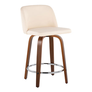 English Elm 24" Mid-century Swivel Barstools Walnut Tapered Legs Faux Leather Seat Chrome Footrest Set Cream B202S00133