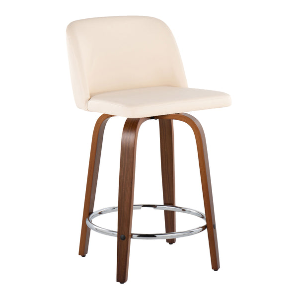 English Elm 24" Mid-century Swivel Barstools Walnut Tapered Legs Faux Leather Seat Chrome Footrest Set Cream B202S00133