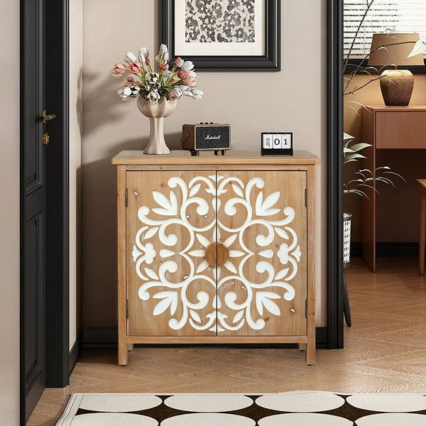 English Elm Rustic Wooden Accent Cabinet with Floral Carved Doors, Antique Brown White, Sturdy 2-Door Storage for Entryway, Dining Room, Living Room W2295P365012