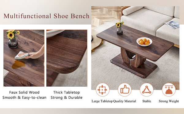 English Elm Modern Walnut MDF Rectangular Coffee Table with Dark Brown Grain Sticker, Silver Trim, Ergonomic Height W1151P230544