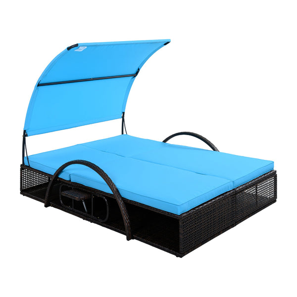 English Elm U_style Outdoor Double Sun Lounger Hdpe Wicker Steel Frame with Canopy Pop up Tables Blue WY000485AAC