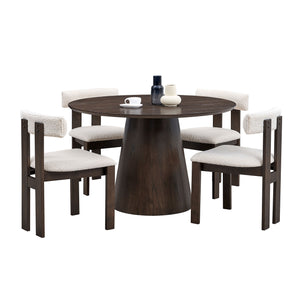 English Elm (1 Table With 4 Chairs)Wooden Dining Table Set, Modern Round Mdf Kitchen Table and Boucle Upholstered Dining Chairs For Dining Room, Kitchen, Saving Space, Dark Brown