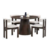 Wooden Dining Table Set with 4 Boucle Upholstered Chairs, Modern Round MDF Kitchen Table, Space-Saving, Dark Brown