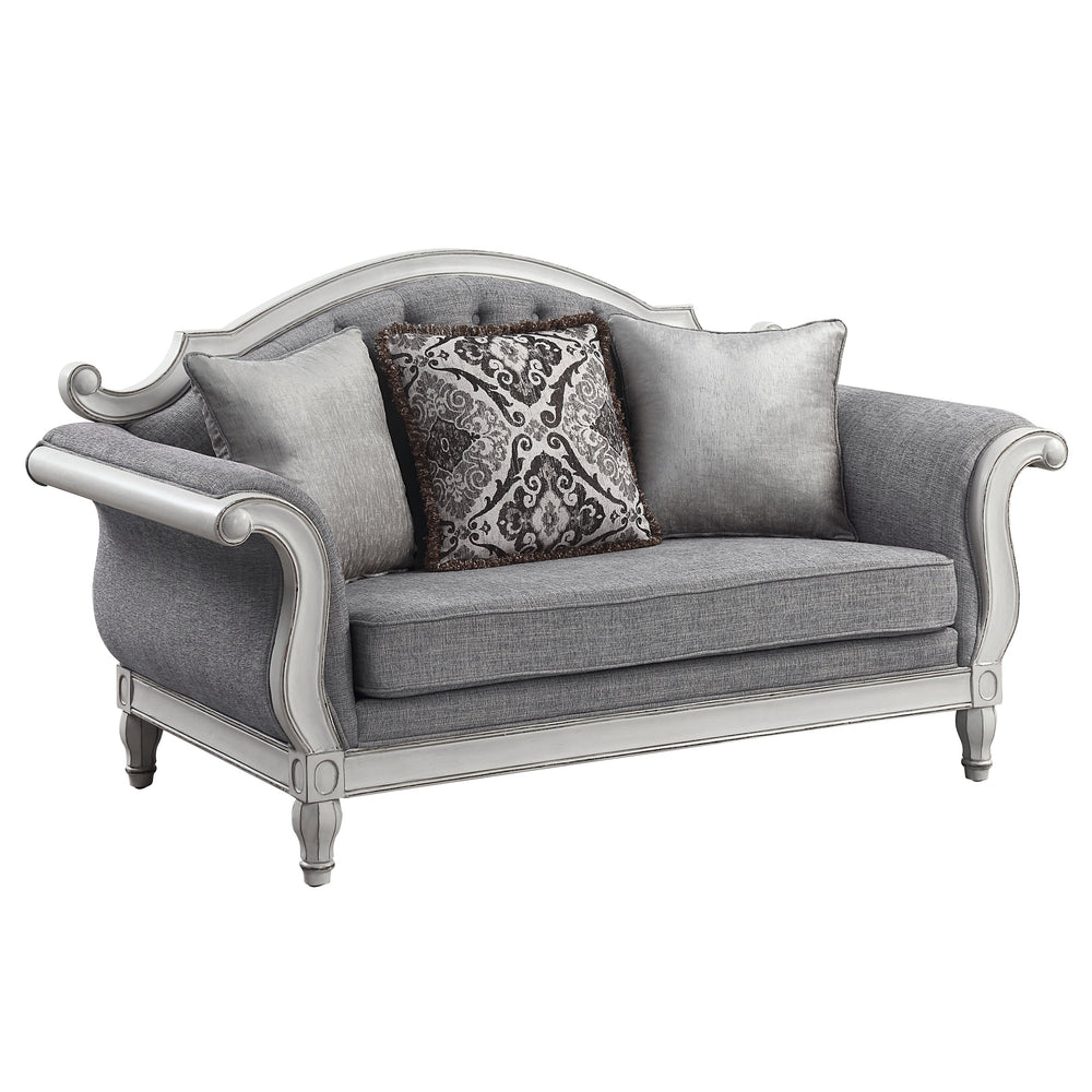 English Elm Florian Gray Fabric Loveseat with Antique White Frame, Button Tufted, 3 Pillows, Pocket Coil Support B2726P345942