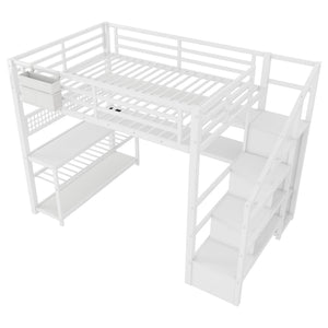 English Elm Full Size Steel Loft Bed with Staircase Storage Wardrobe Desk and Led Lighting White W2593S00059
