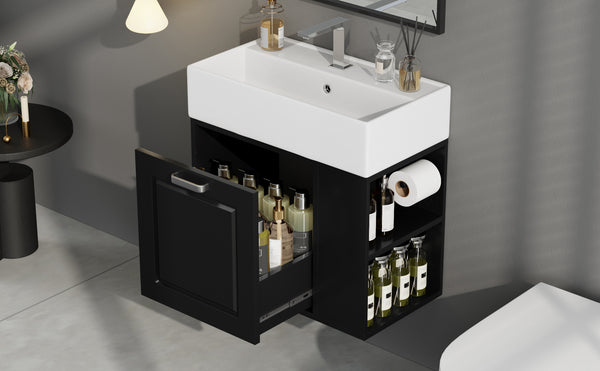 English Elm Christopher Knight Home® - 21.8" Wall-Mounted Bathroom Vanity with Ceramic Sink, Soft-Close Drawer, Adjustable Shelves & Tissue Holder Black N759P292550B