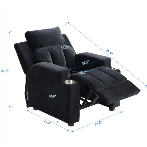 English Elm Kids Velvet Recliner with Headrest Footrest and Cup Holders for Playroom Lounging W31171306