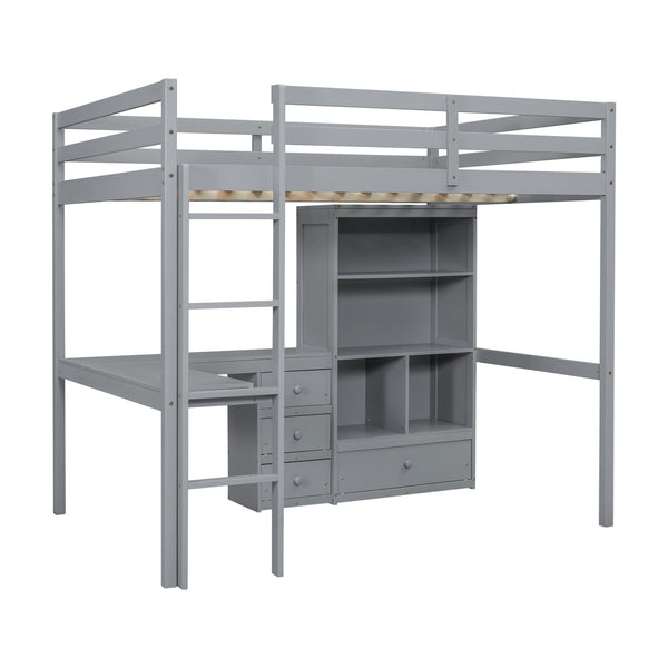 English Elm Full Size Loft Bed With Desk, Storage Solutions, Built-In Ladder & Guardrails For Safe Use In Grey W504S00160