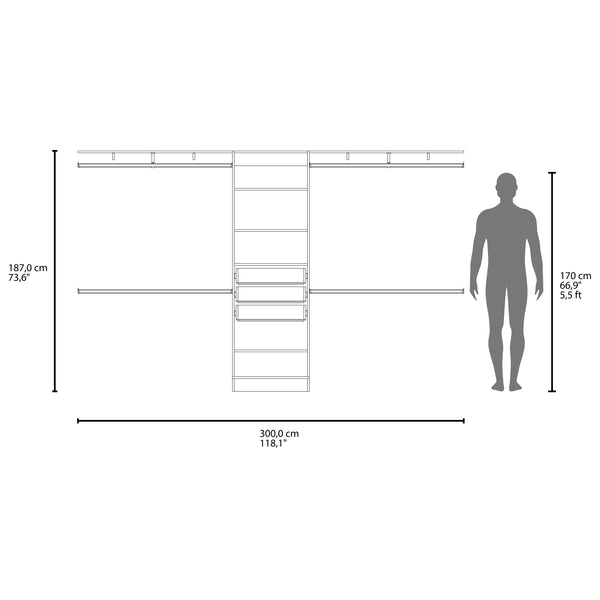 English Elm Closet Adjustable Storage System 70–118" W with Three Hanging Rods, Five Shelves & One Drawer, Engineered Wood Black 74.41 L x 20.87 W x 3.94 H B097S00197