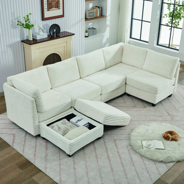 English Elm Corduroy Plush U-Shaped Sectional Sofa with Storage Ottoman, Pet-Friendly Durable Modular Comfort Beige W2915S00062