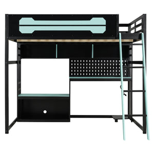 English Elm Full Size Gaming Loft Bed with Built-in Desk Led Lighting Usb Ports and Pegboard Black+Blue LT000270AAC