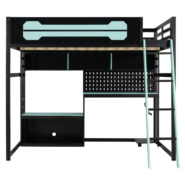 English Elm Full Size Gaming Loft Bed with Built-in Desk Led Lighting Usb Ports and Pegboard Black+Blue LT000270AAC