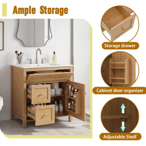 English Elm 30 Inch Fluted Freestanding Bathroom Vanity Solid Wood Soft Close Spa Style W5278S00002