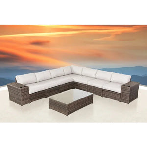 English Elm LSI 10-Piece Fully Assembled Outdoor Wicker Seating Set for 6 with 15 UV-Resistant Cushions, Rustproof Frame B120S00055