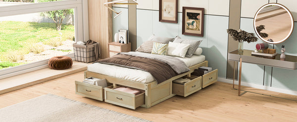English Elm Full Platform Bed Six Built in Storage Drawers Low Profile Contemporary Frame Antique Natural N708P263021N-1